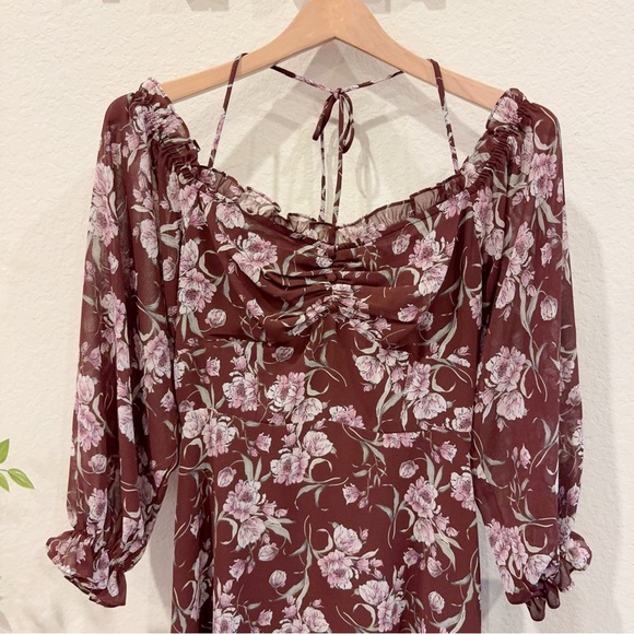 ASTR Off Shoulder Cinhced Bust Midi Dress in Brown Mauve Floral Size Small NWT - Picture 4 of 7